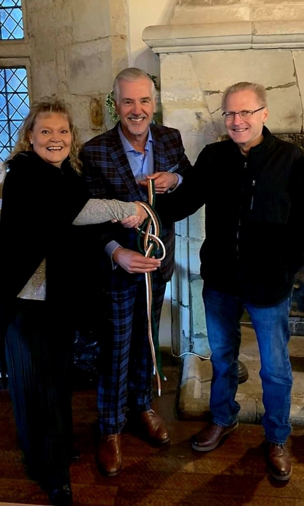 Eternity knot created during a handfast demonstration with cords, at Michelham Priory Wedding Fayre ( East Sussex) with wedding celebrant Mark Inscoe.