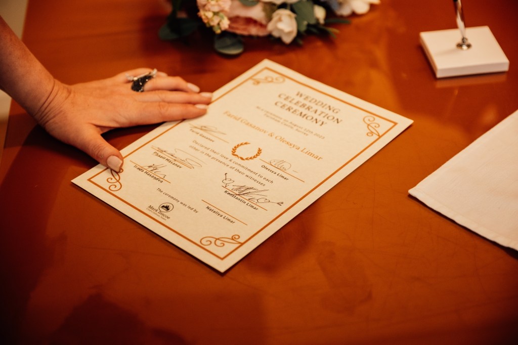 Souvenir Certificate signing during Wedding Celebration Ceremony in Farnham Castle