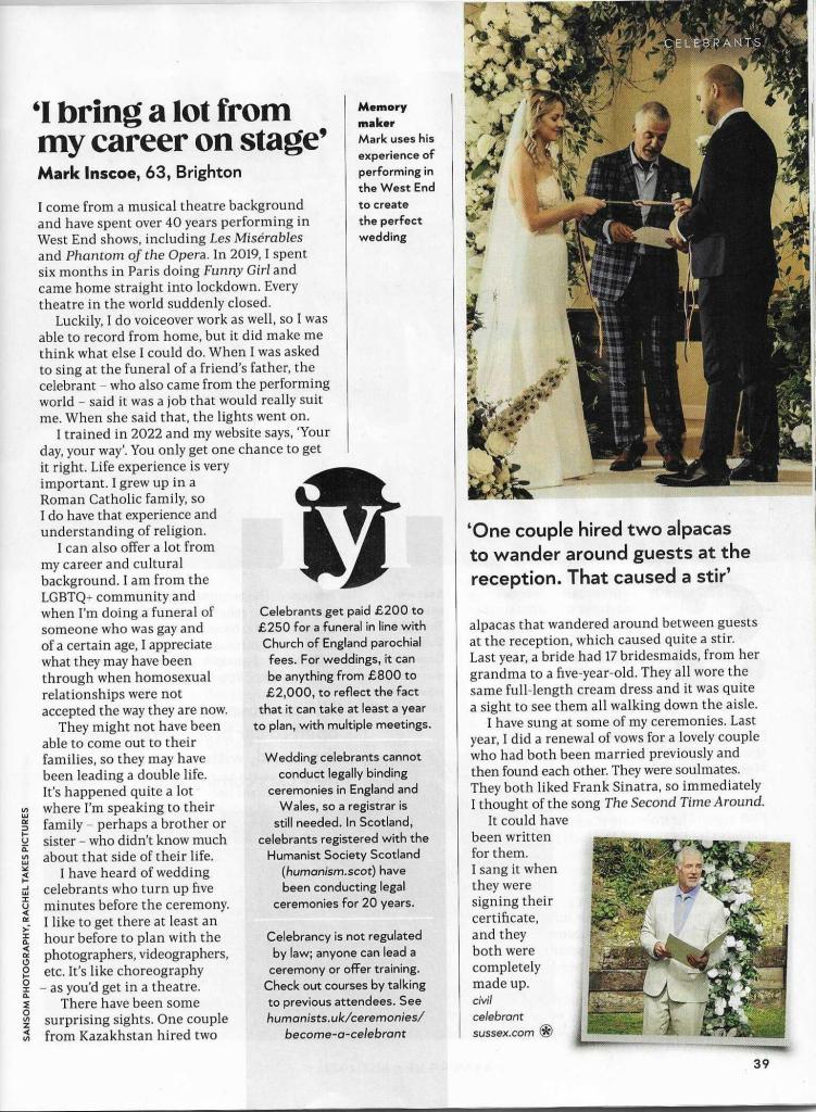 Brighton-based Mark Inscoe, @civilcelebrantsussex is a professional actor with 40 years experience, which he brings to his new career as a civil celebrant. As featured in SAGA MAGAZINE July 2025. Discussing couples' ceremonies and funerals and celebrations of life.
